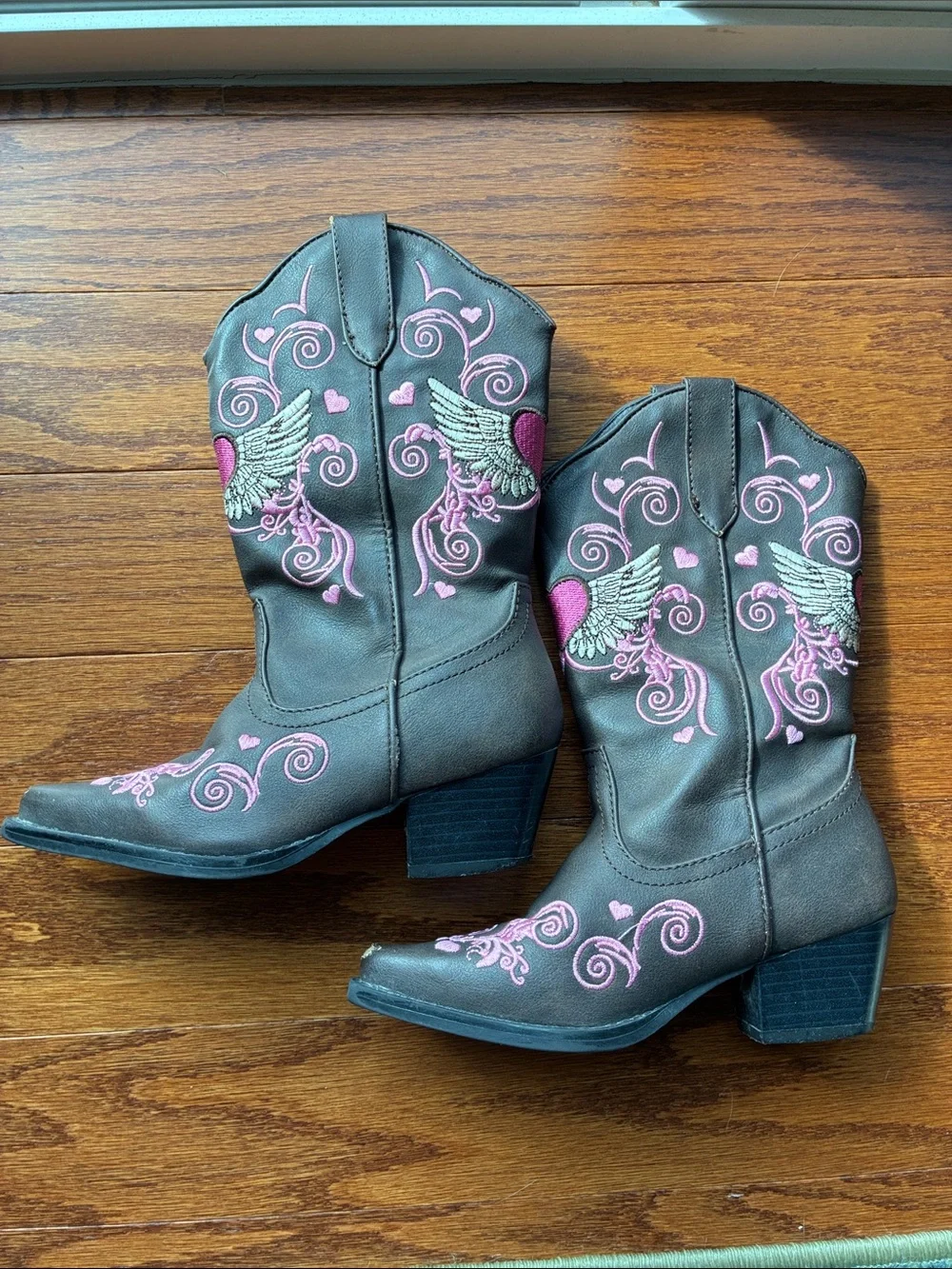 Roper Brown Kids Western Boots with Pink & White Wing Embroidery